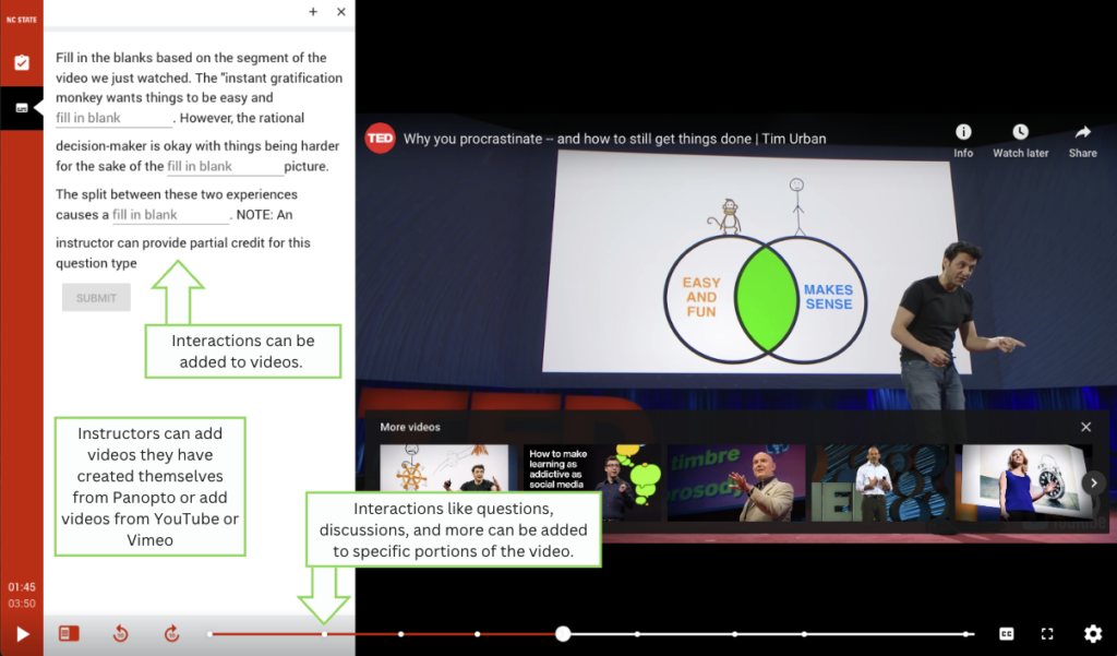 This image is a screenshot of a PlayPosit bulb opened. The image has arrows that highlight the Interactions that can be added to the video, The interactions that can be added to specific parts of the video at specific times, as well as information about where you can add video from (Panopto, YouTube, and Vimeo)